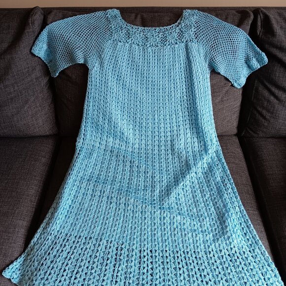 Rare Vintage Blue Crochet Mini Dress Boho Floral Fishnet Sleeves XS/S - Picture 1 of 15